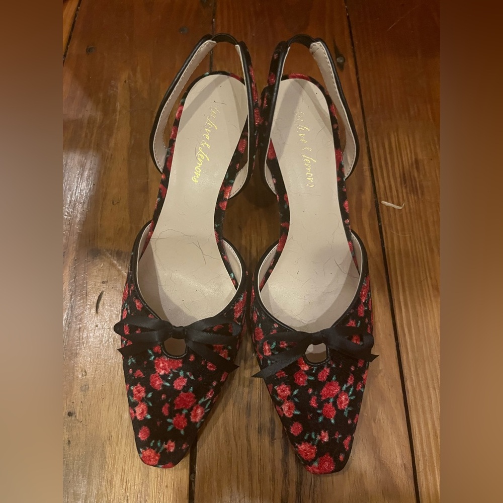 For Love And Lemons Black and Red Lyana Floral Heels